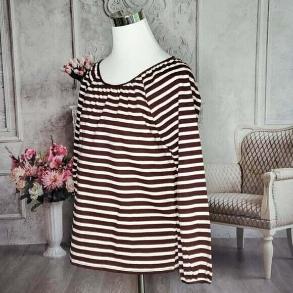J. Crew Brown Cream Striped Boat Neck Long Sleeve Blouse Shirt Size Small NWOT - Picture 5 of 11
